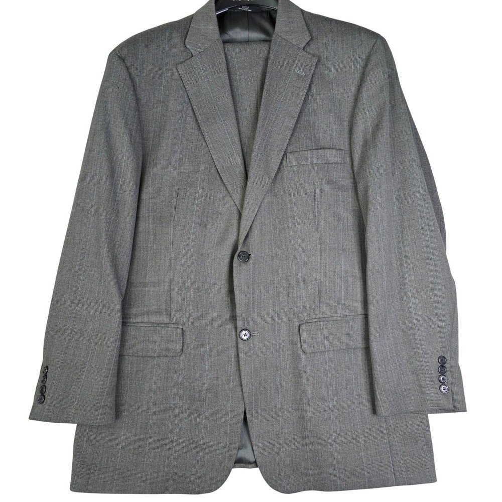 Haggar Men's 2-Piece Suit 44L Jacket 36x30 Pants ALTERED Gray Micro-Check Plaid